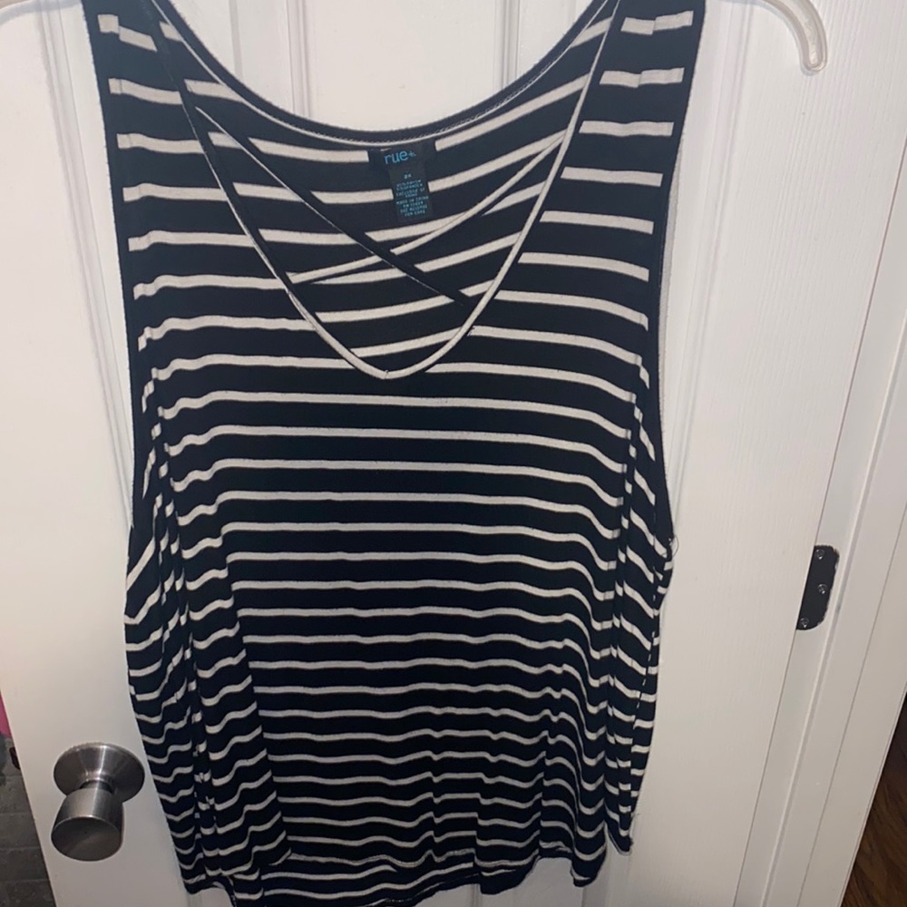 2X Rue21 Striped Black and White Tank Top. Criss Cross Cutout and low V front.